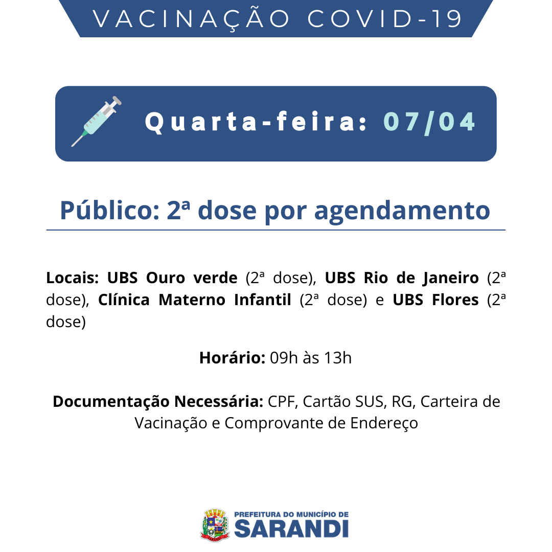 Cronograma de Vacinação contra Covid-19 - Quarta-feira - 07/04/2021